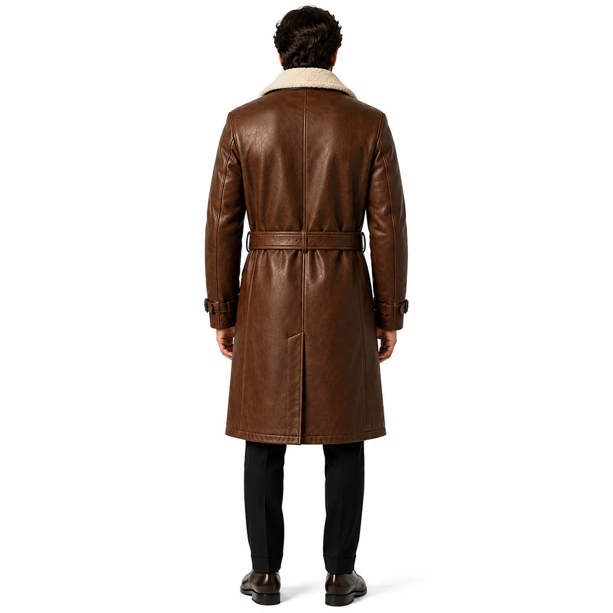 Men’s shearling leather trench coat formal business outfit styled winter back look