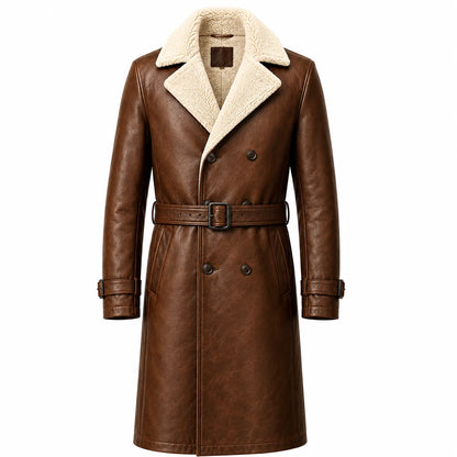 Men’s brown shearling leather trench coat full grain cowhide shell front view