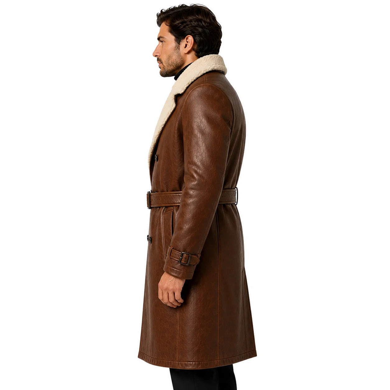 Men’s shearling leather trench coat formal business outfit styled winter side look