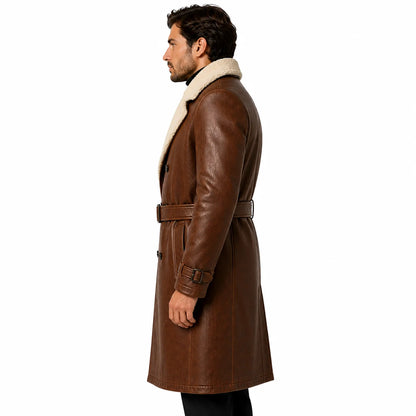 Men’s shearling leather trench coat formal business outfit styled winter side look