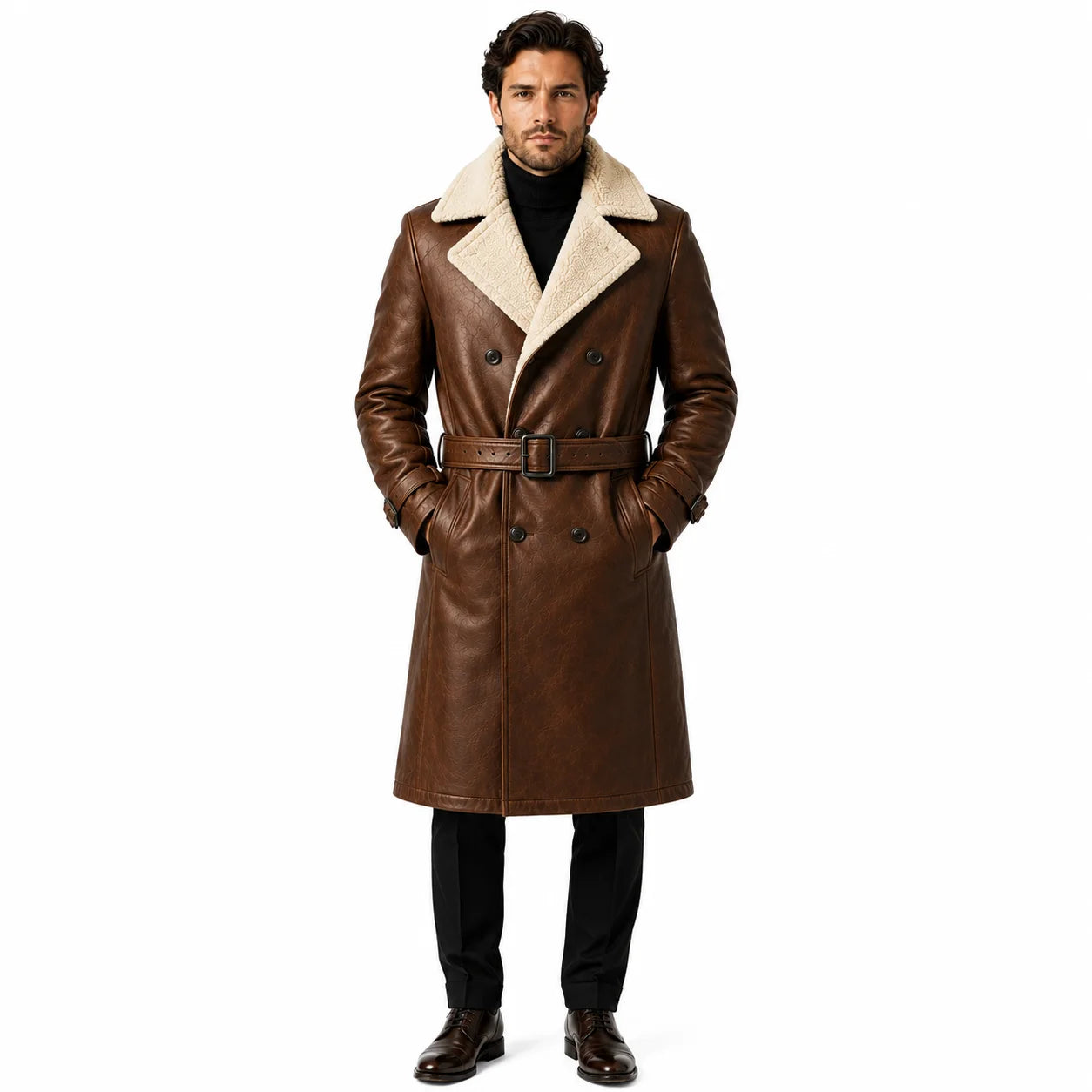 Men’s brown shearling leather trench coat winter urban lifestyle cold weather