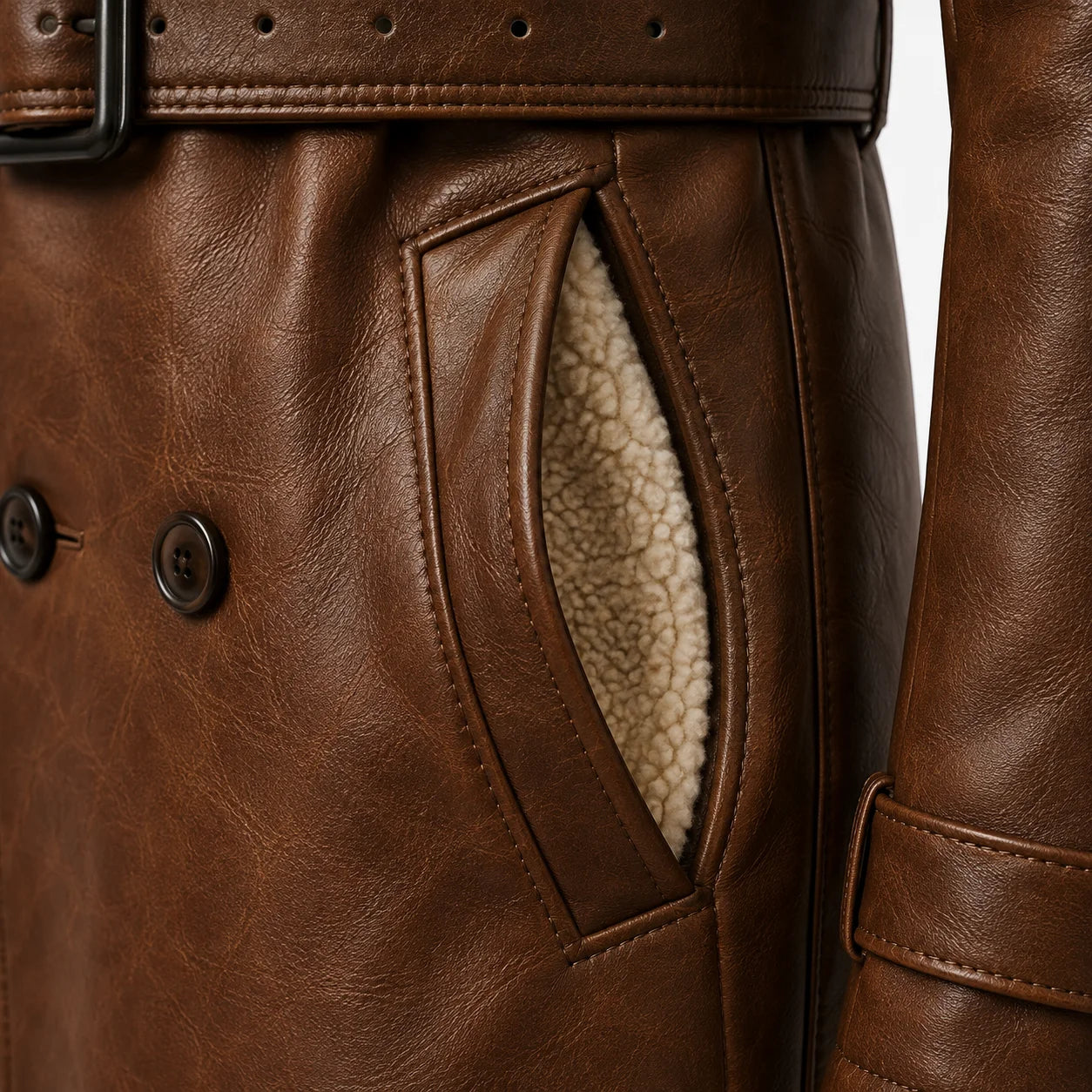Men’s shearling lined trench coat exterior pocket natural wool lining close up