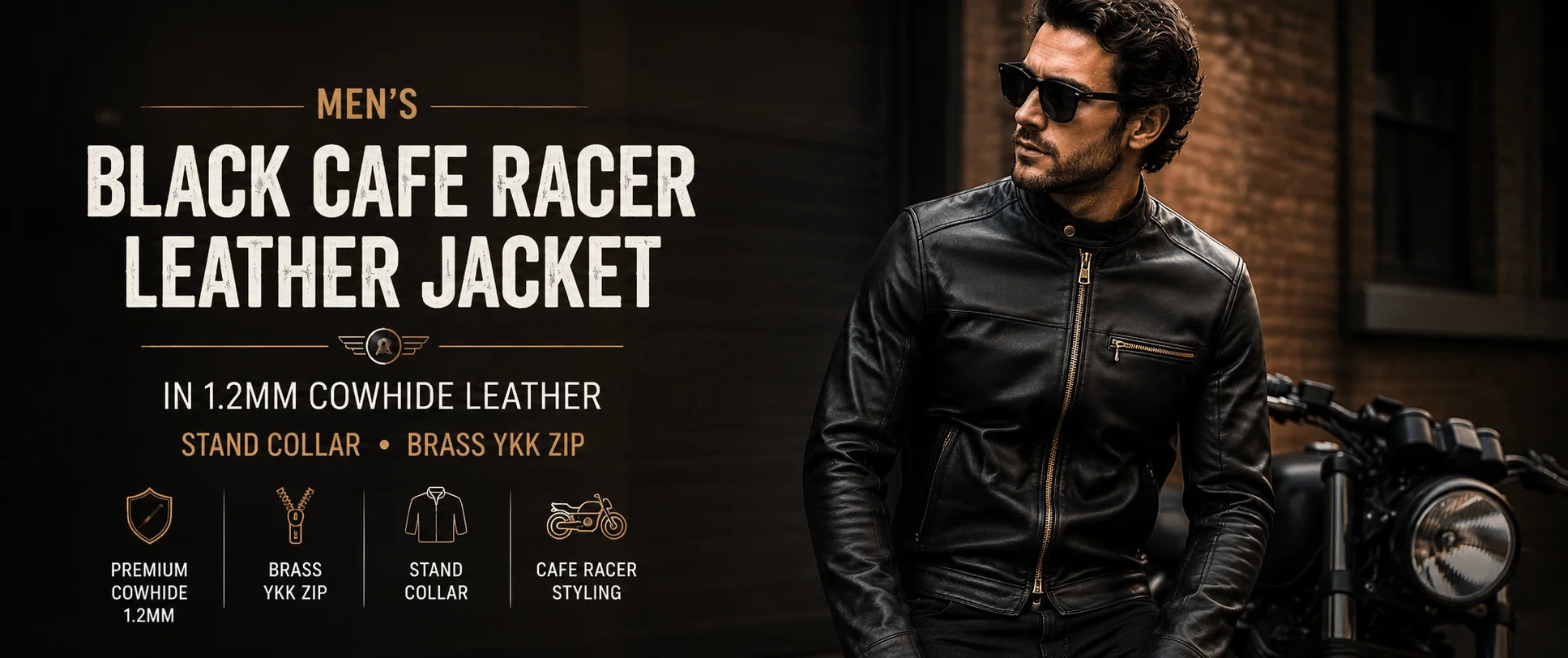 Men's black cafe racer leather jacket in 1.2mm cowhide with stand collar and brass YKK zip