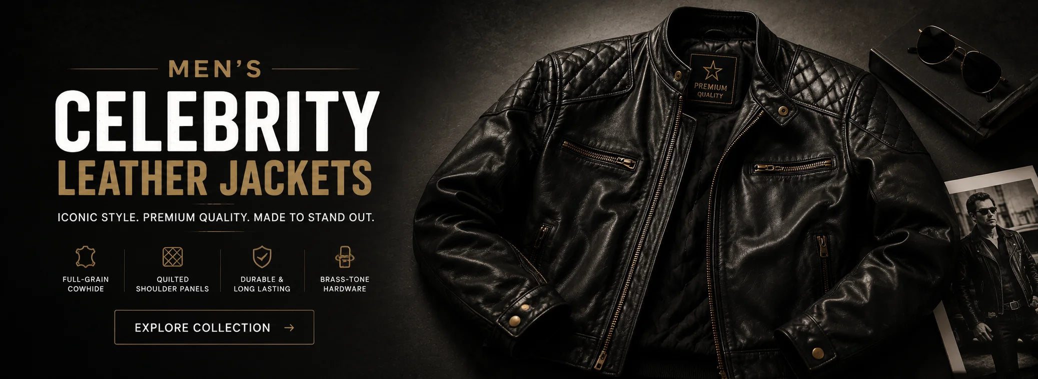 Men's celebrity leather jacket in black full-grain cowhide with quilted shoulder panels, snap cuffs, and brass-tone hardware
