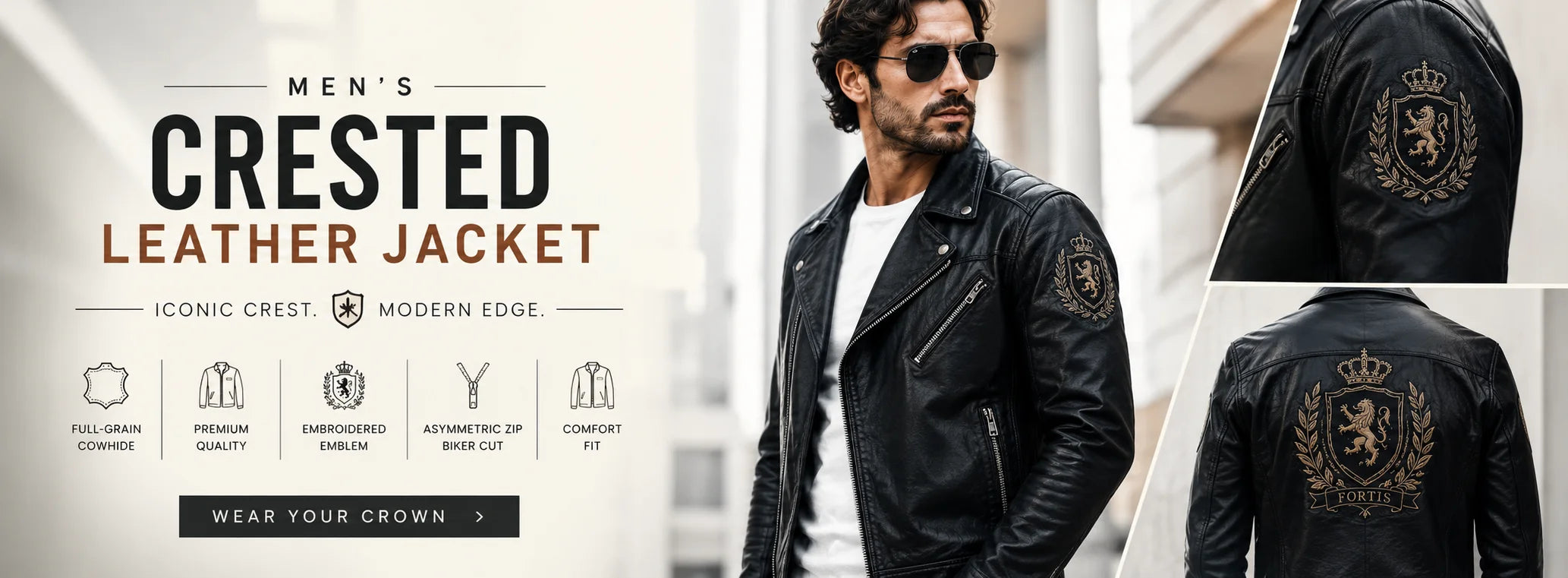 Men's black crested leather jacket with embroidered shield emblem on shoulder, full-grain cowhide, asymmetric zip biker cut
