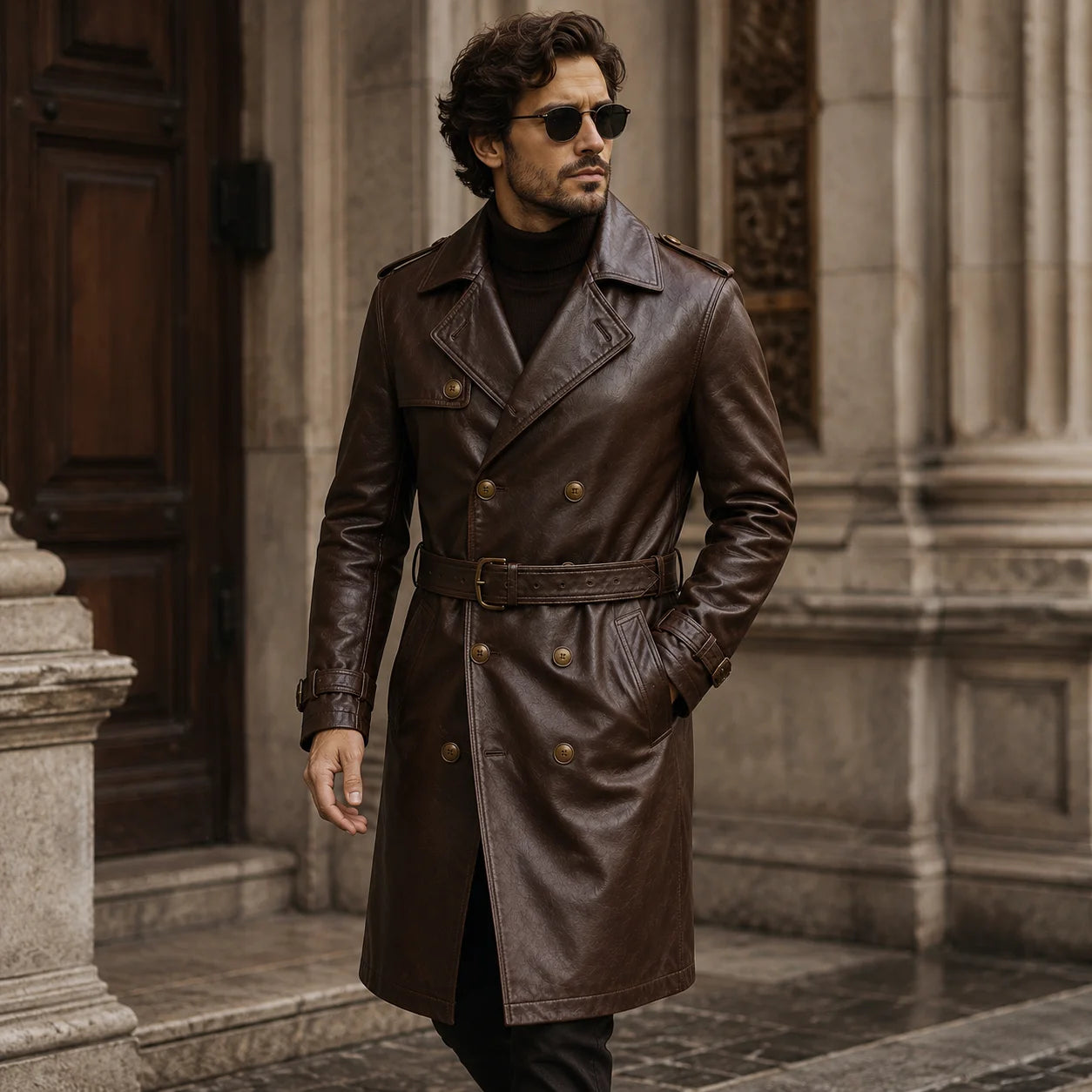 Men's dark brown leather trench coat business casual outfit styled