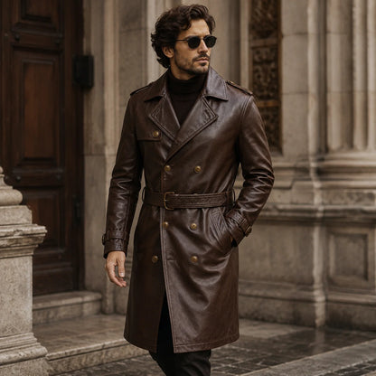 Men's dark brown leather trench coat business casual outfit styled