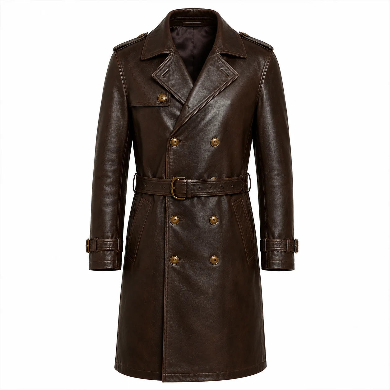 Men's brown leather trench coat full grain cowhide belted front view 