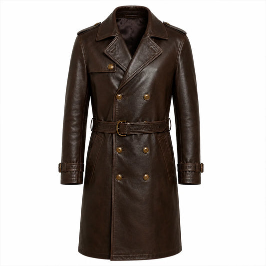 Men's brown leather trench coat full grain cowhide belted front view 
