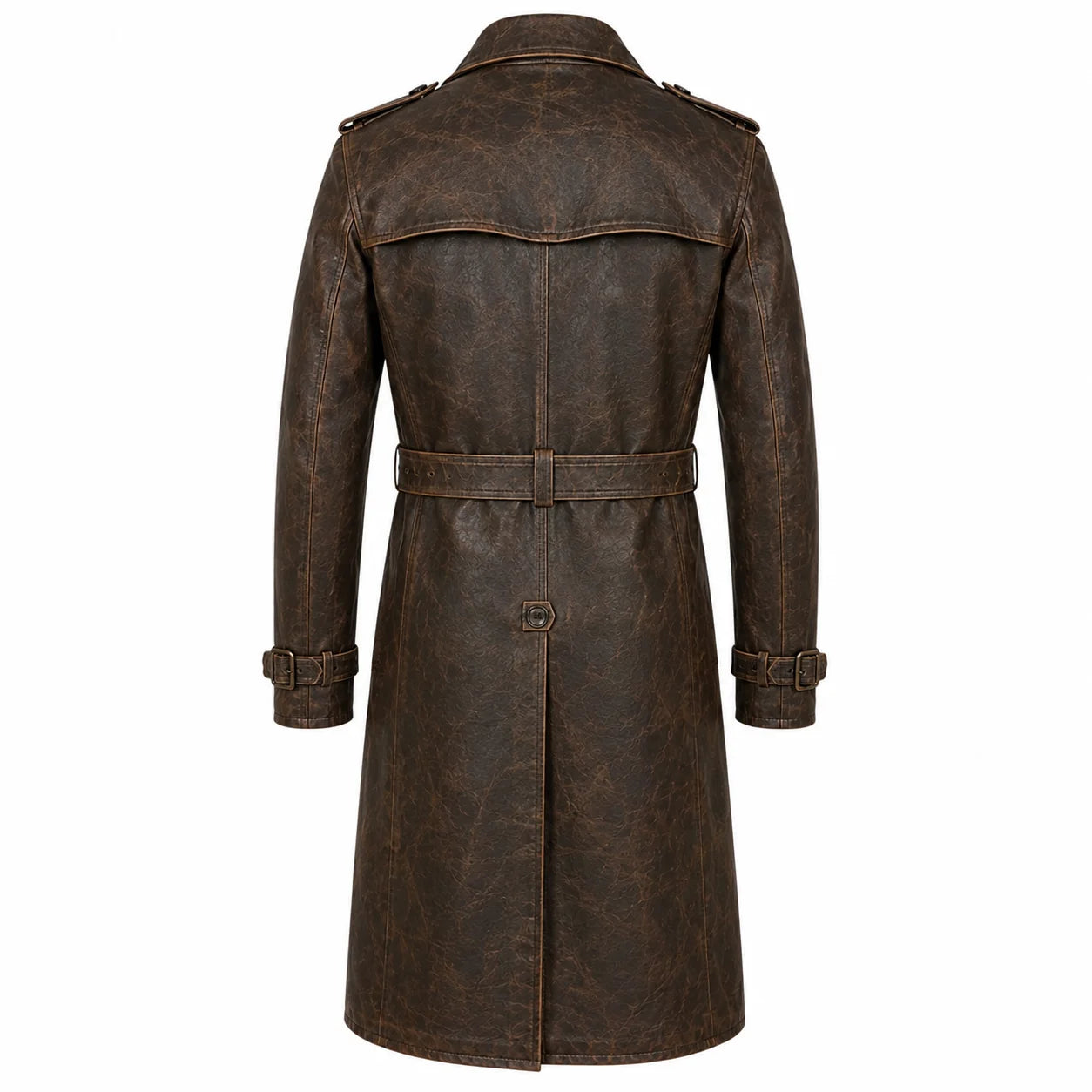 Men’s distressed brown leather trench coat below knee length back view