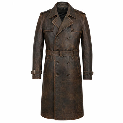 Men’s distressed dark brown leather trench coat pull up oil tanned front view