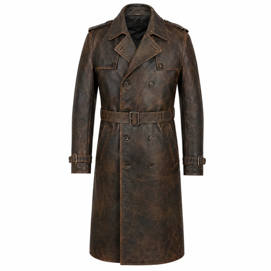 Men’s distressed dark brown leather trench coat pull up oil tanned front view