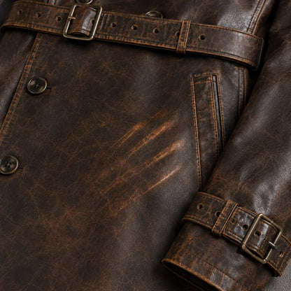 Men’s distressed leather long coat pull up patina belt crease detail