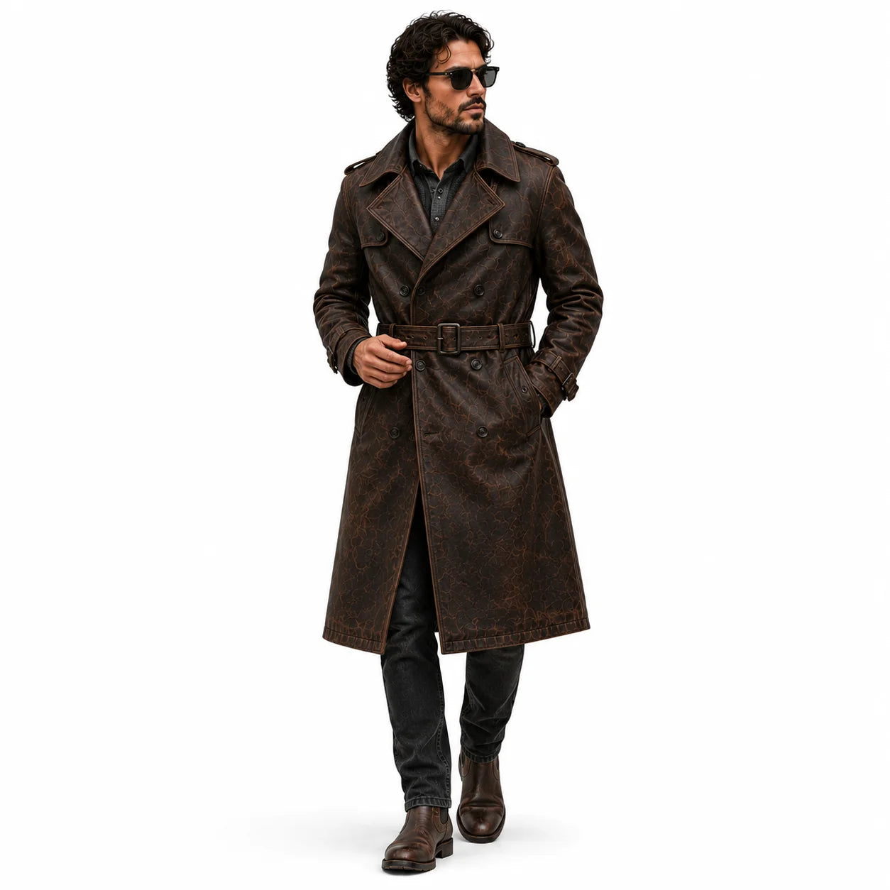 Men’s distressed leather trench coat urban streetwear lifestyle dark aesthetic