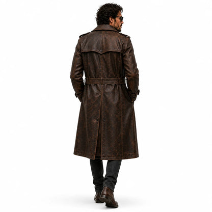 Men’s distressed oil tanned leather trench coat casual layered outfit styled back look