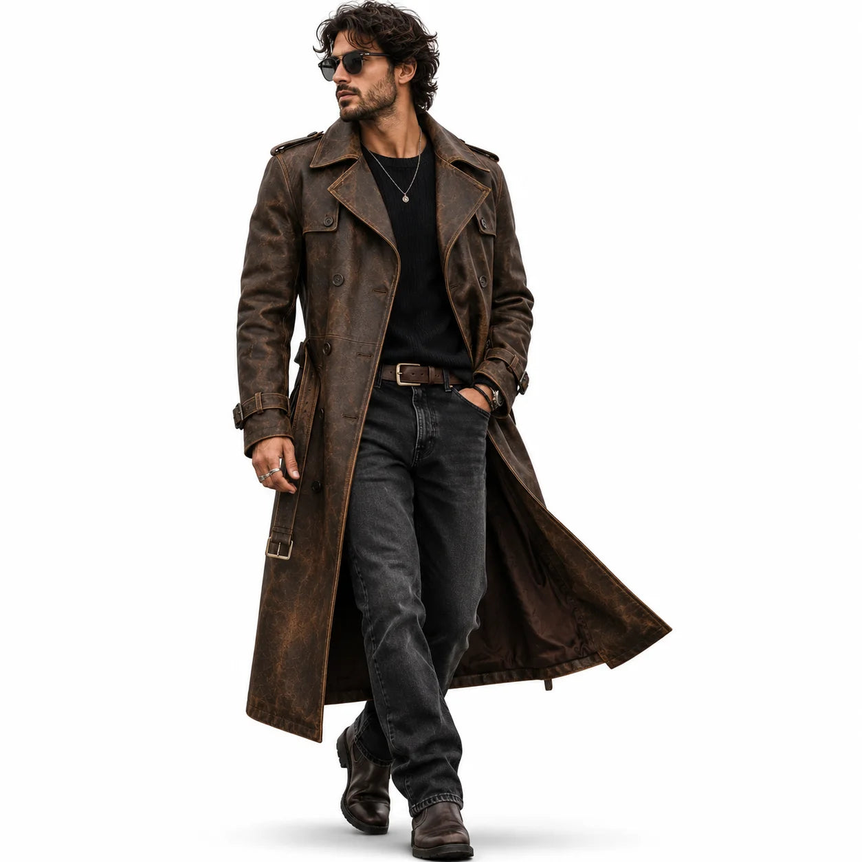Men’s distressed oil tanned leather trench coat casual layered outfit styled