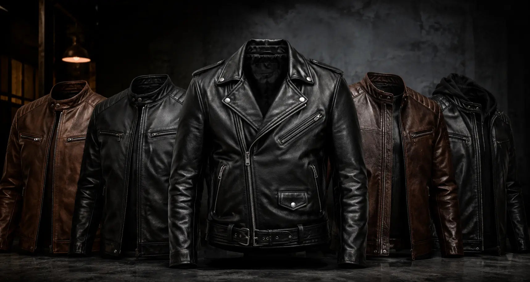 Men's genuine black biker leather jacket in full-grain cowhide — front view lifestyle shot