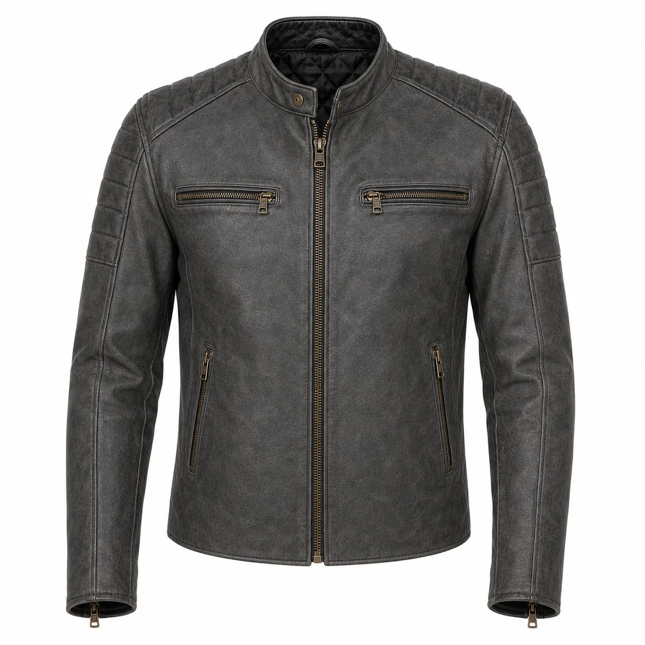 Men's grey crested leather moto jacket, front view