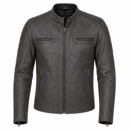 Men's grey crested leather moto jacket, front view