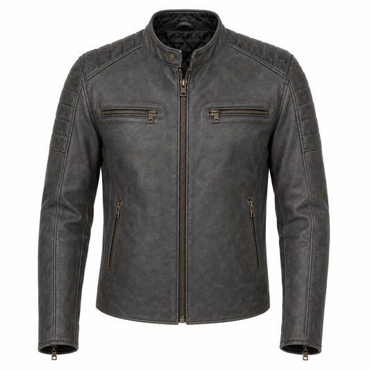 Men's grey crested leather moto jacket, front view