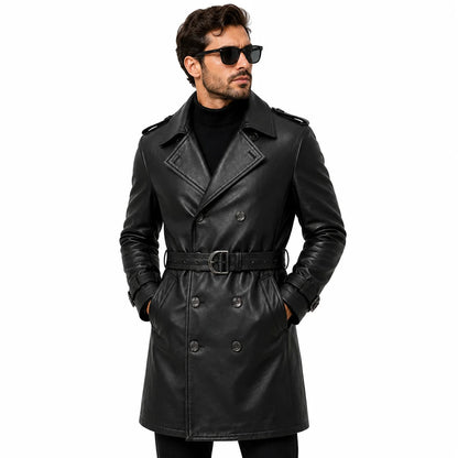 Men’s lambskin leather trench coat formal evening outfit styled urban lifestyle