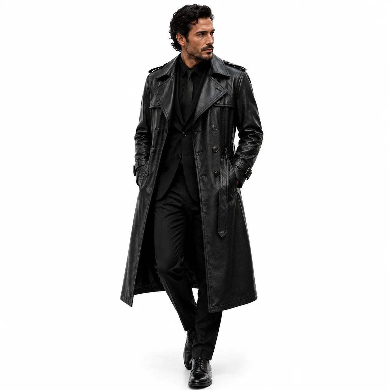 Men’s black lambskin trench coat business casual turtleneck slim trousers styled