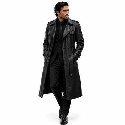 Men’s black lambskin trench coat business casual turtleneck slim trousers styled