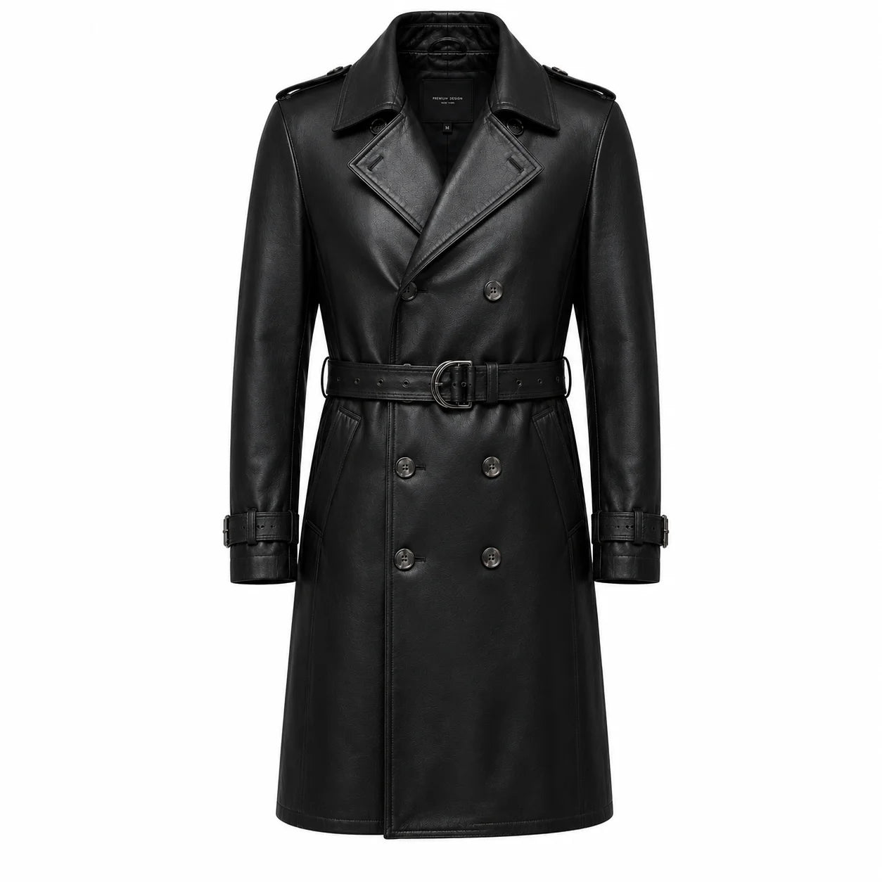 Men’s lambskin leather trench coat semi aniline fine grain surface texture detail