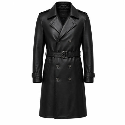 Men’s lambskin leather trench coat semi aniline fine grain surface texture detail