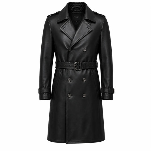Men’s lambskin leather trench coat semi aniline fine grain surface texture detail