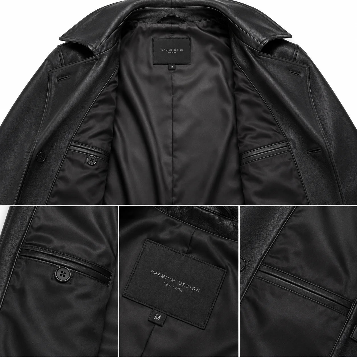 Men’s lambskin leather trench coat silk touch viscose lining interior detail