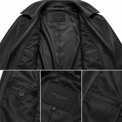 Men’s lambskin leather trench coat silk touch viscose lining interior detail