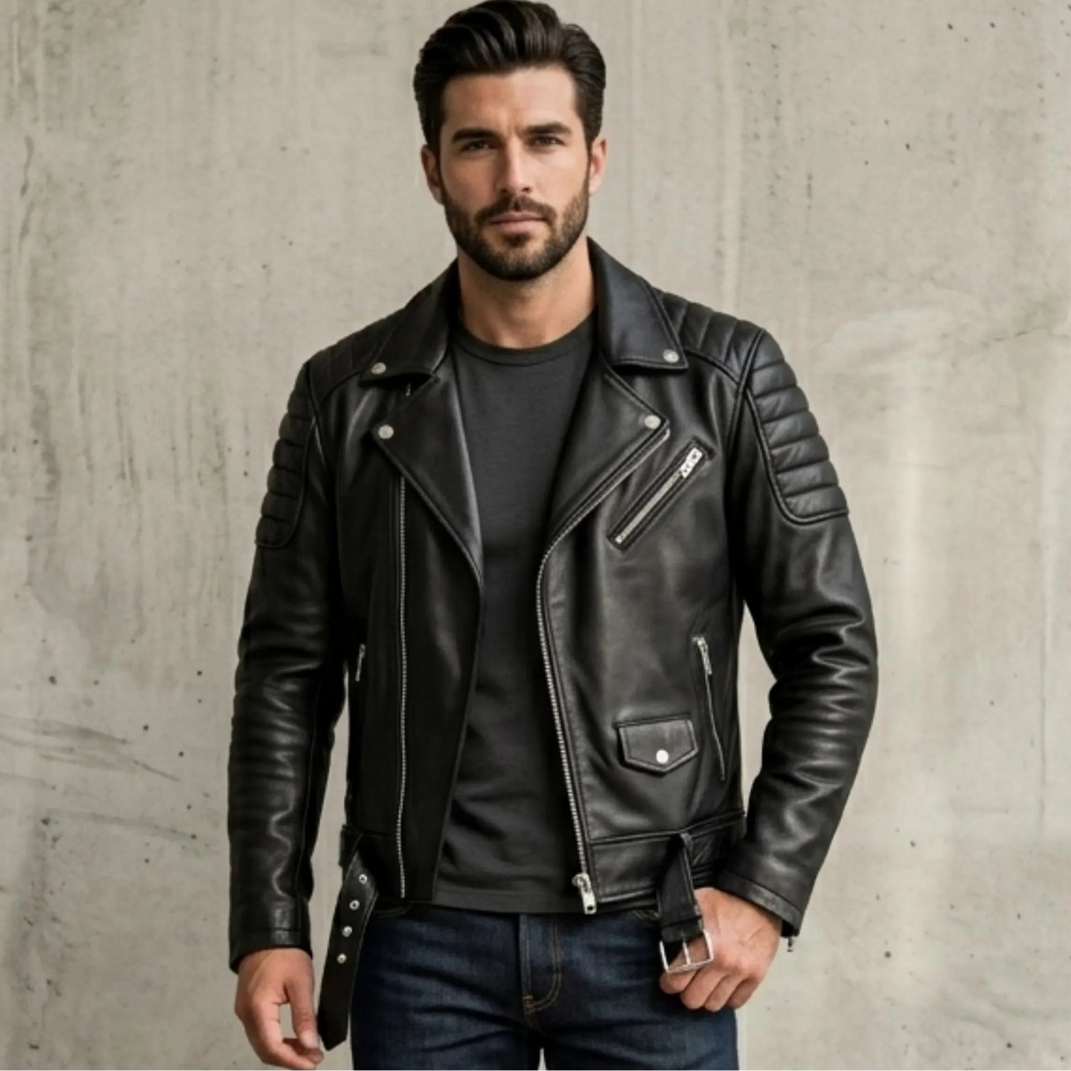 Men's leather jacket collection — brown full-grain cowhide bomber jacket worn over a Henley