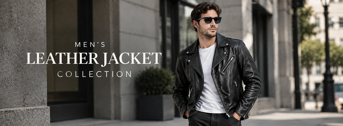 Men's genuine black leather biker jacket in full-grain cowhide, front view hero banner for the full men's leather jacket collection