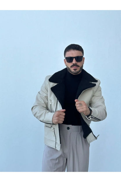 Side profile of off-white shearling jacket for men showing dense black shearling lining and zip pockets