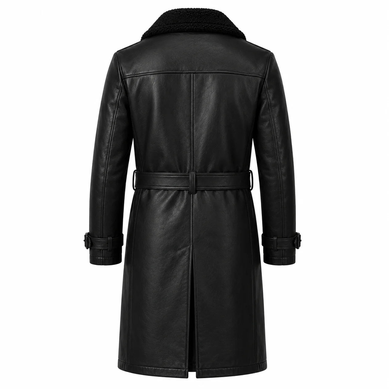 Men’s shearling leather trench coat back view knee length structured silhouette