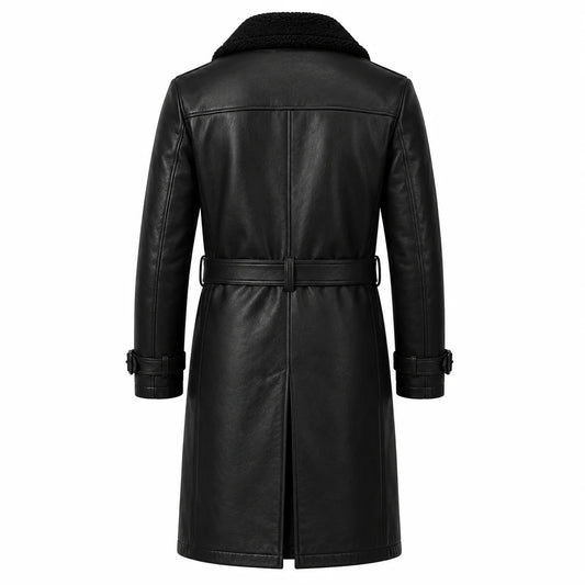 Men’s shearling leather trench coat back view knee length structured silhouette