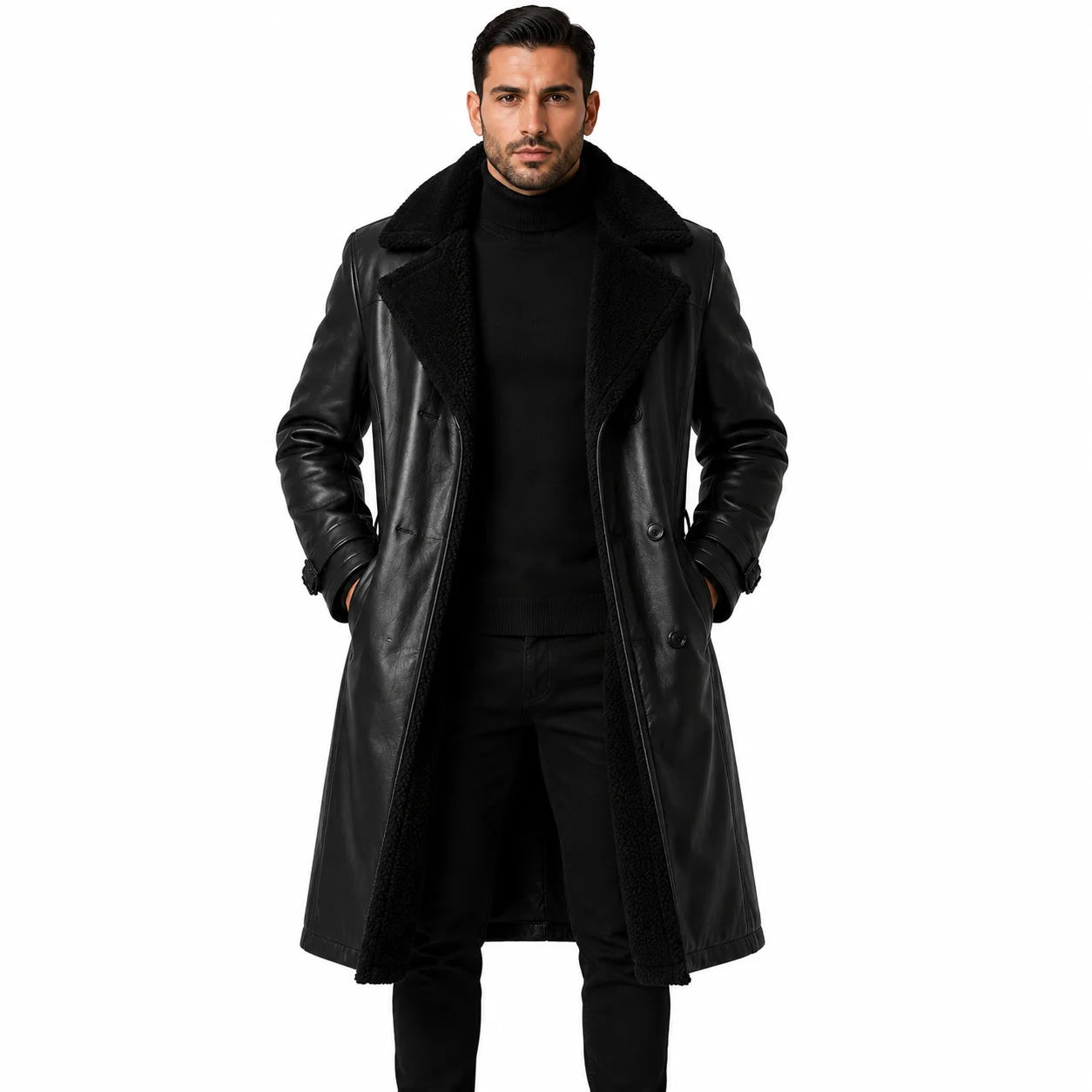 Men’s shearling leather trench coat formal business outfit styled winter