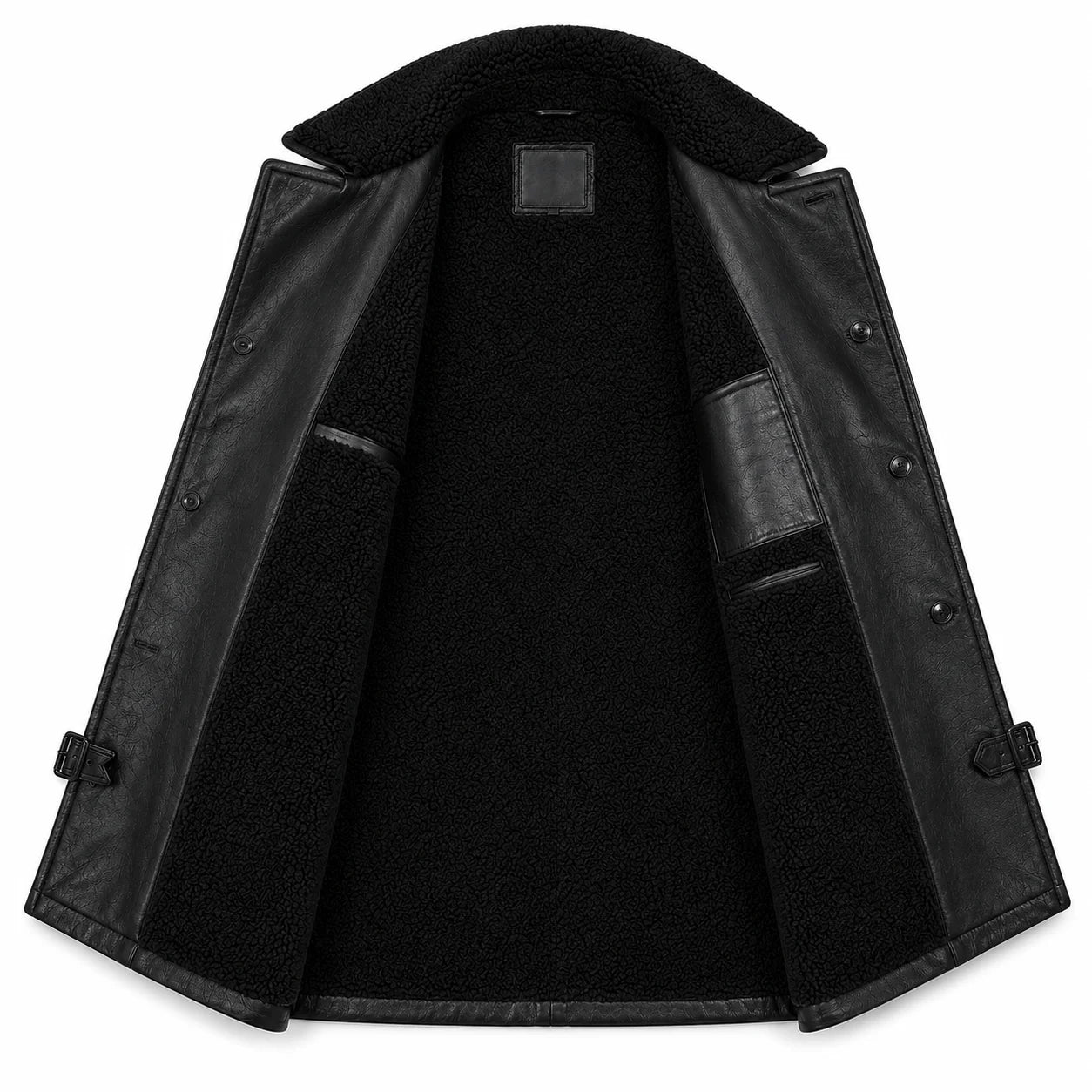 Men’s shearling leather trench coat natural wool interior lining detail