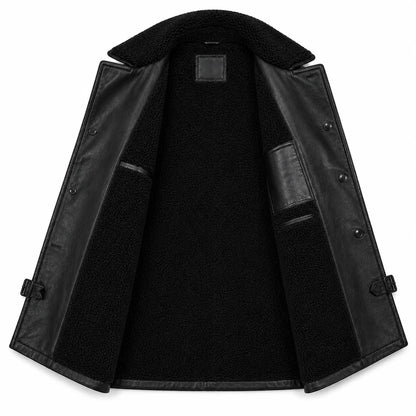 Men’s shearling leather trench coat natural wool interior lining detail