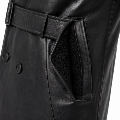 Men’s shearling lined trench coat exterior pocket natural wool lining close up
