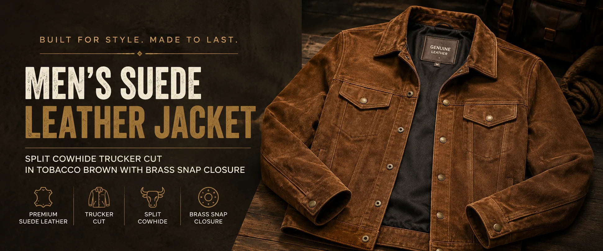Men's suede leather jacket, split cowhide trucker cut in tobacco brown with brass snap closure