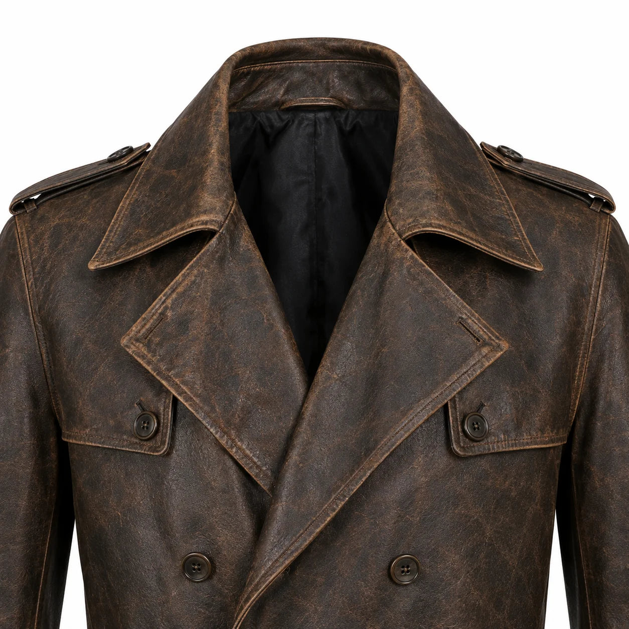Men’s distressed leather trench unstructured lapel drape wide peak collar