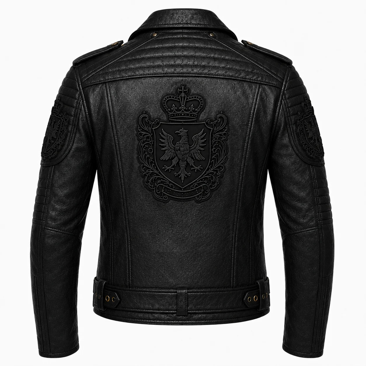 Back panel detail of embroidered crest on black cowhide biker jacket