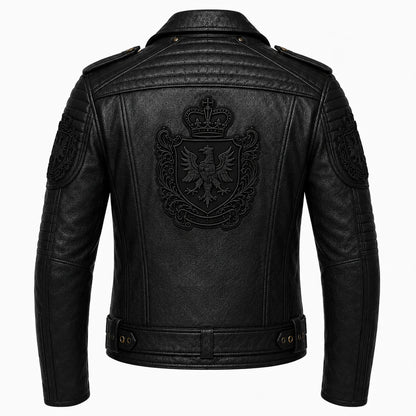 Back panel detail of embroidered crest on black cowhide biker jacket