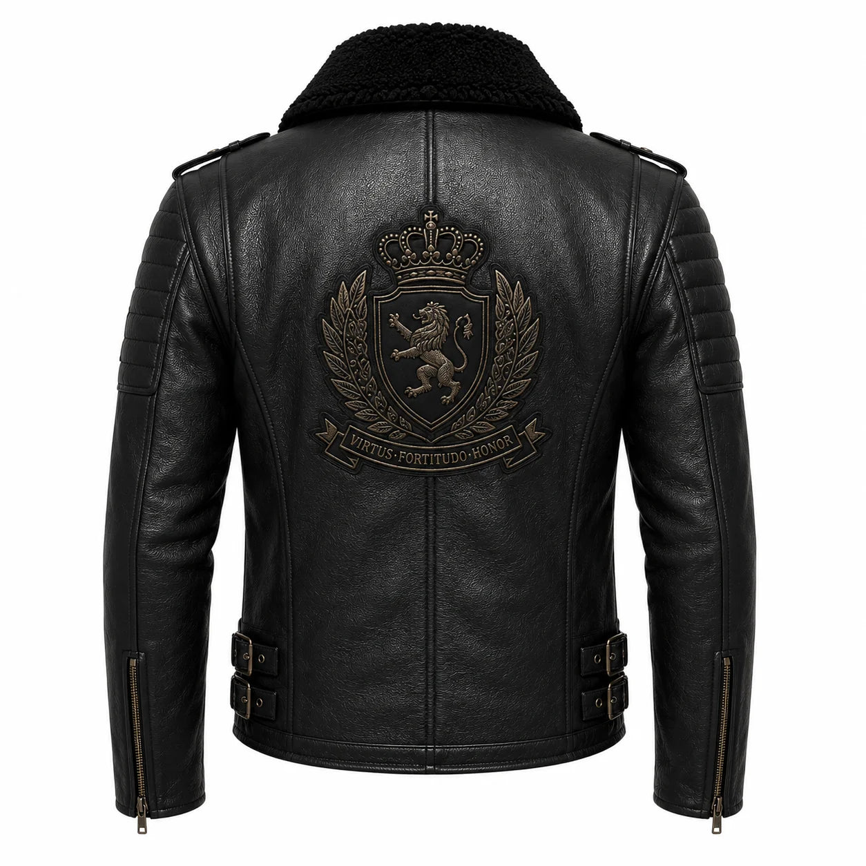 Back panel embroidered crest detail on shearling-collar biker jacket
