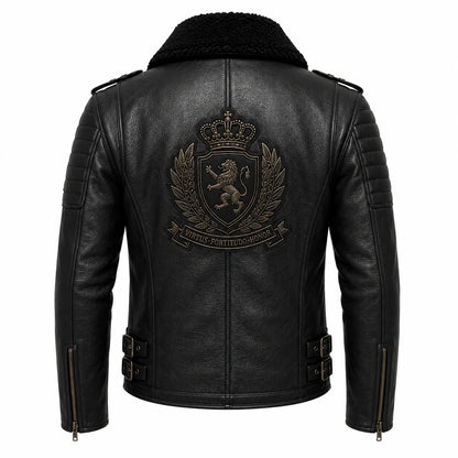 Back panel embroidered crest detail on shearling-collar biker jacket