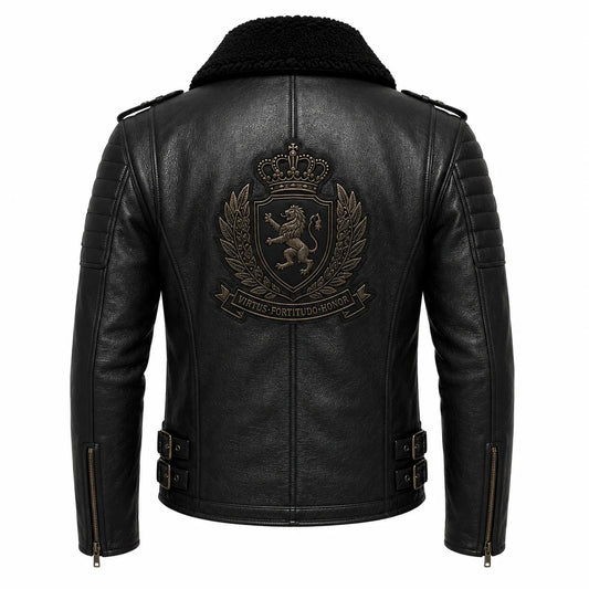 Back panel embroidered crest detail on shearling-collar biker jacket