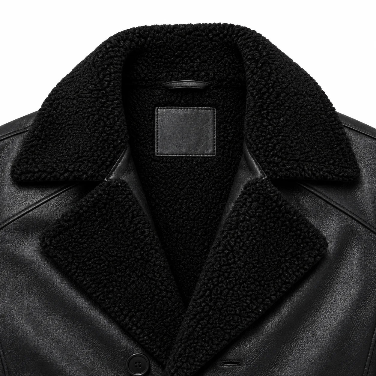 Shearling leather trench coat wide lapel collar natural wool underside detail