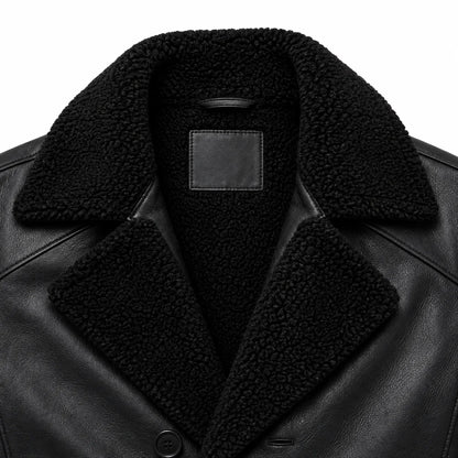 Shearling leather trench coat wide lapel collar natural wool underside detail